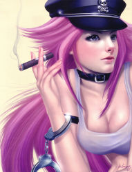 Rule 34 | 1girl, absurdres, breasts, capcom, cigar, cleavage, collar, crossdressing, cuffs, final fight, fingernails, handcuffs, hat, highres, kei03, large breasts, lips, lipstick, long hair, makeup, nail polish, peaked cap, pink hair, pink nails, poison (final fight), realistic, scan, signature, skull and crossbones, smoking, solo