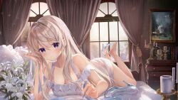 Rule 34 | 1girl, absurdres, barefoot, bedroom, candle, commission, curtains, dress, flower, high heels, highres, lims (neko2lims), looking at viewer, lying, on bed, on stomach, pillow, purple eyes, shoes, solo, the pose, unworn shoes, window