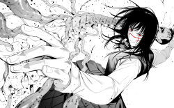 Rule 34 | 1girl, blood, chainsaw man, chicke iii, dress, greyscale, highres, intestines, long hair, long sleeves, monochrome, neck ribbon, parted lips, pinafore dress, red eyes, ribbon, ringed eyes, scar, scar on face, shirt, simple background, sleeveless, sleeveless dress, solo, spine, spot color, tanaka (chainsaw man), v-shaped eyebrows, white background, yoru (chainsaw man)
