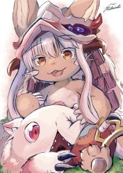 Rule 34 | 1other, :3, absurdres, androgynous, animal ears, brown fur, creature, ears through headwear, fake horns, fangs, furry, helmet, highres, horizontal pupils, horned helmet, horns, made in abyss, missing eye, mitty (made in abyss), multicolored pants, nanachi (made in abyss), open mouth, other focus, pants, pikaichi5010, signature, sitting, swept bangs, whiskers, white hair, yellow eyes