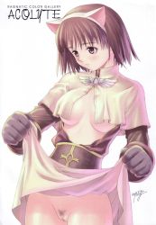 Rule 34 | 1girl, acolyte (ragnarok online), animal ears, breasts, brown eyes, brown hair, cleft of venus, clothes lift, female pubic hair, pubic hair, pussy, ragnarok online, short hair, skirt, skirt lift, solo, tony taka, uncensored