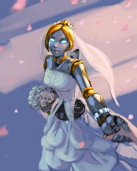 Rule 34 | 1girl, aka6, android, blonde hair, blue eyes, breasts, dress, flower, folded ponytail, glowing, glowing eyes, highres, joints, league of legends, orianna (league of legends), robot joints, veil, wedding dress, white flower