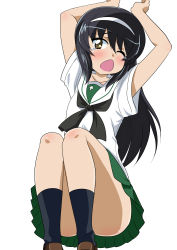 Rule 34 | 1girl, absurdres, arms up, black hair, black neckerchief, black socks, blouse, brown eyes, brown footwear, commentary, convenient censoring, floating, girls und panzer, green skirt, hairband, highres, loafers, long hair, looking at viewer, miniskirt, neckerchief, one eye closed, ooarai school uniform, open mouth, pleated skirt, reizei mako, sailor collar, school uniform, serafuku, shirt, shoes, short sleeves, simple background, skirt, socks, solo, stretching, tearing up, wakku kan, white background, white hairband, white sailor collar, white shirt, yawning