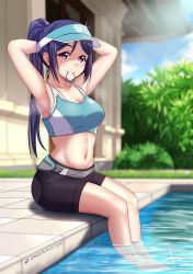 Rule 34 | 1girl, abs, adjusting hair, armpits, arms behind head, arms up, bike shorts, blue hair, blue sky, blush, breasts, cleavage, cloud, collarbone, day, hair tie, hair tie in mouth, high ponytail, highres, love live!, love live! school idol festival, love live! sunshine!!, matsuura kanan, medium breasts, mouth hold, navel, omochikaeriya, outdoors, ponytail, pool, poolside, purple eyes, shorts, signature, sitting, sky, sports bra, visor cap, water