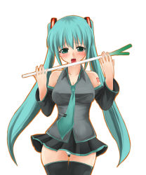 Rule 34 | 1girl, bad id, bad pixiv id, breasts, detached sleeves, food, hatsune miku, licking, long hair, necktie, panties, simple background, solo, spring onion, tattoo, thighhighs, twintails, underwear, vegetable, very long hair, vocaloid, yuuki (ashitahare)