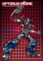 Rule 34 | 1boy, autobot, blue eyes, cannon, character name, clenched hand, full body, grid, grid background, headgear, looking at viewer, machine, machinery, male focus, mecha, no humans, optimus prime, paintedmike, red background, robot, solo, transformers, transformers prime, weapon