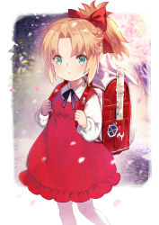 Rule 34 | 1girl, absurdres, aged down, aqua eyes, backpack, bag, blonde hair, blush, bow, braid, dress, fate/apocrypha, fate (series), flute, french braid, hair bow, highres, instrument, long hair, long sleeves, looking at viewer, mordred (fate), mordred (fate/apocrypha), open mouth, parted bangs, ponytail, recorder, red bow, red dress, shirt, sidelocks, thighs, tokopi, white shirt