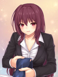 Rule 34 | 1girl, :d, alternate costume, black jacket, blush, breasts, business suit, buttons, collarbone, collared shirt, commentary request, dress shirt, fate/grand order, fate (series), fingernails, foreshortening, formal, gradient background, highres, holding, jacket, light particles, long hair, long sleeves, looking at viewer, mashuu (neko no oyashiro), medium breasts, open mouth, purple hair, red eyes, scathach (fate), shirt, smile, solo, suit, white shirt, wing collar
