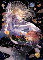 Rule 34 | 1boy, 1girl, absurdres, ahoge, alcohol, animal, apple, baguette, black background, black gloves, black jacket, black scrunchie, blonde hair, bread, breasts, cape, chain, closed mouth, command spell, commentary request, constellation, croissant, cup, drinking glass, fate/grand order, fate (series), feather trim, finger to mouth, floating, floating hair, floating object, food, frilled sleeves, frills, fruit, fujimaru ritsuka (female), fujimaru ritsuka (female) (polar chaldea uniform), gloves, golden apple, grey skirt, hair between eyes, hair ornament, hair scrunchie, highres, index finger raised, jacket, kirschtaria wodime, long hair, long sleeves, looking at viewer, looking away, medium breasts, miniskirt, natsujiru, open mouth, orange hair, pants, pleated skirt, ponytail, purple eyes, rabbit, scrunchie, short hair, short sleeves, side ponytail, signature, skirt, smile, staff, star (sky), uniform, very long hair, white cape, white gloves, white jacket, white pants, wine, wine glass, yellow eyes