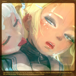 Rule 34 | 1=2, 2girls, blonde hair, blue eyes, close-up, collar, ear piercing, eyelashes, eyeshadow, forehead, hair ornament, hairclip, licking, licking another&#039;s face, looking at another, looking to the side, makeup, multiple girls, open mouth, original, parted lips, piercing, pig tail, portrait, shiny skin, sweat, tail, teeth, tongue, tongue out, uniform, wet, white hair, yuri, zipper