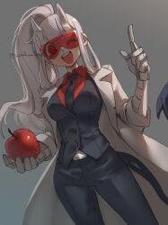 Rule 34 | 1girl, ;d, absurdres, black necktie, black vest, breasts, collared shirt, demon girl, demon horns, demon tail, food, fruit, goggles, grey background, hand up, helltaker, highres, holding, holding food, holding fruit, horns, index finger raised, lab coat, large breasts, long hair, looking at viewer, loremaster (helltaker), mechanical arms, necktie, noah (tettsui-sole), one eye closed, open mouth, pants, ponytail, red-tinted eyewear, red eyes, red shirt, shirt, simple background, smile, solo, tail, teeth, tinted eyewear, upper teeth only, vest, white hair