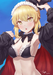 Rule 34 | 1girl, :o, arm up, armpits, artist name, artoria pendragon (alter swimsuit rider) (fate), artoria pendragon (alter swimsuit rider) (second ascension) (fate), artoria pendragon (fate), bad id, bad pixiv id, bikini, blonde hair, blue background, blush, breasts, cleavage, dated, fate/grand order, fate (series), frilled bikini, frills, gun, hair between eyes, hand up, highres, holding, holding gun, holding weapon, hood, hoodie, looking at viewer, maid, maid bikini, medium breasts, open clothes, open hoodie, open mouth, ranyu, sidelocks, signature, simple background, solo, swimsuit, unconventional maid, upper body, weapon, yellow eyes