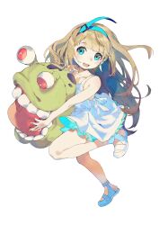 Rule 34 | 1girl, bare shoulders, blonde hair, blue hairband, collarbone, digimon, digimon world -next 0rder-, dress, full body, hairband, highres, holding, holding stuffed toy, luche, numemon, sayoko404, simple background, solo, stuffed toy, white background, white dress