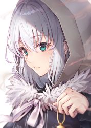 Rule 34 | 1girl, black cola, black shirt, bow, closed mouth, commentary request, fate (series), fur trim, gray (fate), green eyes, hair between eyes, highres, holding, hood, hood up, long sleeves, looking away, lord el-melloi ii case files, shirt, silver hair, solo, upper body, white background, white bow