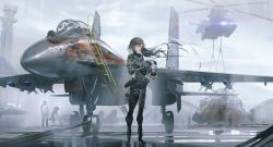 Rule 34 | 1girl, aircraft, airplane, black footwear, black hair, boots, brown eyes, ch-53, commentary, dragon, fantasy, fighter jet, fox, helicopter, helmet, holding, holding helmet, holster, jet, long hair, long sleeves, military, military vehicle, multiple others, original, outdoors, overcast, pilot suit, pouch, sky, su-35, swav, vehicle focus, vehicle request, wind