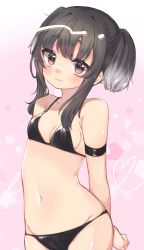 Rule 34 | 1girl, armband, arms behind back, bikini, black bikini, black hair, breasts, brown eyes, highres, kantai collection, looking at viewer, myao (jumca my), one-hour drawing challenge, short hair, short hair with long locks, sidelocks, small breasts, smile, solo, swimsuit, tokitsukaze (kancolle)