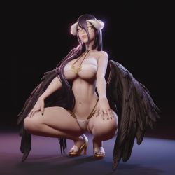 Rule 34 | 1girl, 3d, albedo (overlord), animated, ass, bikini, demon girl, demon horns, dimples of venus, earrings, horns, jewelry, long hair, looking at viewer, multiple views, overlord (maruyama), rushzilla, squatting, swimsuit, tagme, turnaround, video, wings