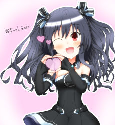 Rule 34 | bare shoulders, black hair, breasts, collar, dress, gloves, happy, heart, long hair, neptune (series), one eye closed, open mouth, pink background, red eyes, skirt, small breasts, swirl gear, twintails, two side up, uni (neptunia), wink