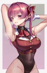 Rule 34 | 1girl, absurdres, armpits, blush, border, breasts, cleavage, covered navel, gloves, heterochromia, highres, hololive, houshou marine, large breasts, leotard, leotard under clothes, long hair, looking at viewer, outside border, purple hair, red eyes, see-through, see-through cleavage, see-through leotard, smile, solo, sooon, sweat, thighhighs, twintails, virtual youtuber, white border, white gloves, yellow eyes