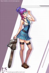 Rule 34 | 1girl, adjusting eyewear, bad id, bad pixiv id, breasts, brown eyes, chainsaw, collarbone, fishnets, full body, glasses, gradient hair, highres, large breasts, loafers, looking at viewer, medium hair, multicolored hair, necktie, open mouth, original, pleated skirt, purple hair, shadowgrave, shoes, skirt, solo, standing, thighhighs, watermark, web address