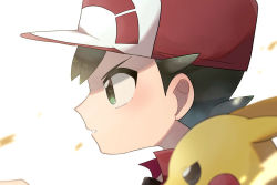 Rule 34 | 1boy, baseball cap, blurry, blush, brown hair, chase (pokemon), commentary request, creatures (company), from side, game freak, gen 1 pokemon, hachi (hachi sin), hat, male focus, nintendo, parted lips, pikachu, pokemon, pokemon (creature), pokemon lgpe, red headwear, red shirt, shirt, short hair, upper body, white background