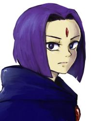 Rule 34 | 1girl, animification, bindi, cape, dc comics, forehead, forehead jewel, looking at viewer, purple eyes, purple hair, raven (dc), serious, short hair, solo, teen titans, tsujii, white background