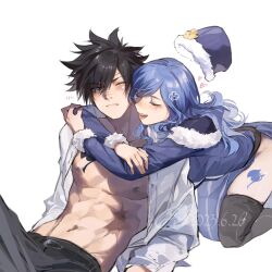 Rule 34 | 1boy, 1girl, abs, belt, black eyes, black footwear, black hair, blue cape, blue coat, blue eyes, blue hair, blush, cape, center opening, closed eyes, coat, colored skin, dated, fairy tail, fairy tail logo, flower, fur-trimmed cape, fur-trimmed sleeves, fur trim, gray fullbuster, grey pants, groin, hat, heart, highres, hug, hug from behind, juvia lockser, leaning on person, long hair, looking at another, multicolored coat, nipples, one eye closed, open mouth, pants, pectorals, scar, scar on stomach, shirt, sitting, smile, two-tone coat, unworn hat, unworn headwear, white coat, white shirt, white skin, xuchuan