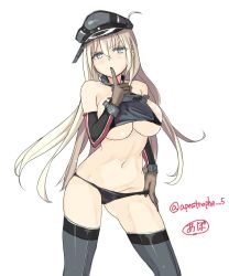 Rule 34 | 10s, 1girl, adapted costume, apo (apos2721), artist name, bad id, bad twitter id, bismarck (kancolle), black panties, blonde hair, blue eyes, blush, breasts, brown gloves, detached sleeves, finger to mouth, gloves, grey thighhighs, groin, hand on own hip, hat, highres, kantai collection, large breasts, long hair, navel, no bra, panties, panty pull, peaked cap, sideboob, simple background, solo, thighhighs, twitter username, underboob, underwear, very long hair, white background