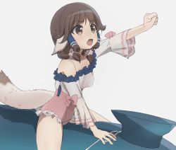 Rule 34 | 1girl, ainu clothes, animal ears, aquaplus, arm up, aruruu, breasts, brown eyes, brown hair, clenched hand, collarbone, cowboy shot, fingernails, frilled swimsuit, frills, from side, hair over shoulder, highres, long sleeves, low twintails, medium hair, off shoulder, open mouth, raised eyebrows, riding, see-through, see-through sleeves, sidelocks, small breasts, solo, spread legs, swimsuit, tail, thighs, twintails, utawarerumono, utawarerumono: lost flag, wide sleeves, yo (artist)