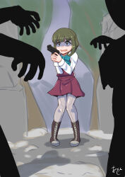 Rule 34 | 1girl, 2others, akashieru, aqua bow, aqua bowtie, artist logo, artist name, bob cut, boots, bow, bowtie, brown eyes, collared shirt, cross-laced footwear, dress, dress shirt, green hair, grey pantyhose, gun, handgun, highres, holding, kantai collection, lace-up boots, long sleeves, multiple others, one-hour drawing challenge, pantyhose, purple dress, scared, school uniform, shaded face, shirt, short hair, short hair with long locks, sidelocks, takanami (kancolle), weapon, white shirt, zombie