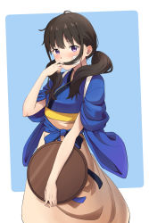 Rule 34 | 1girl, absurdres, ahoge, black hair, blue background, blue kimono, blue ribbon, blush, commentary request, covered mouth, dress, embarrassed, feet out of frame, full-face blush, highres, holding, holding own hair, holding plate, inoue takina, japanese clothes, kimono, kuma kuwa, looking at viewer, low twintails, lycoris recoil, medium hair, plate, purple eyes, rectangle, ribbon, solo, standing, tasuki, twintails, two-tone background, white background