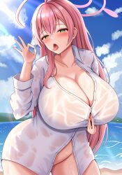 Rule 34 | 1girl, absurdres, ahoge, alternate breast size, beach, blue archive, blue sky, blush, breasts, cleavage, cloud, commentary request, day, dress shirt, fellatio gesture, green eyes, hair ornament, halo, hanako (blue archive), hanako (swimsuit) (blue archive), heart, heart-shaped pupils, highres, huge breasts, long hair, mitomumitomu, mountainous horizon, ocean, open mouth, outdoors, pink hair, see-through, shirt, sky, solo, symbol-shaped pupils, wet, wet clothes, wet shirt, white shirt, wide hips