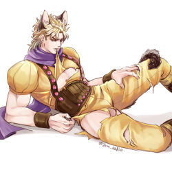 Rule 34 | 1boy, animal ears, blonde hair, boots, commentary request, dio brando, fangs, grm jogio, jojo no kimyou na bouken, looking at viewer, male focus, medium hair, mouth hold, pants, phantom blood, purple scarf, scarf, simple background, solo, suspenders, tail, torn clothes, torn pants, vampire, white background, yellow eyes