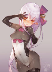 Rule 34 | 1girl, black gloves, black thighhighs, blush, bodysuit, breasts, covered erect nipples, covered navel, elbow gloves, gloves, hair ornament, hair ribbon, long hair, looking at viewer, orange eyes, original, pointy ears, purple hair, ribbon, sengoku bushouki muramasa, simple background, skin tight, small breasts, smile, solo, thighhighs, very long hair, zhuzi