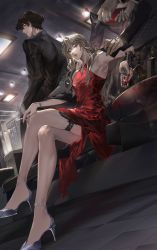Rule 34 | 4boys, alcohol, banba zenji, black hair, black pants, blonde hair, bottle, bracelet, couch, crossdressing, dress, dutch angle, earrings, formal, hakata tonkotsu ramens, hand on shoulder, high heels, highres, holding, holding knife, holster, indoors, jewelry, knife, long hair, long sleeves, looking back, manly, multiple boys, nail polish, necktie, pants, red dress, red nails, ring, sitting, suit, table, thigh holster, xianming lin, yinzinmiemie