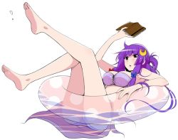 Rule 34 | 1girl, barefoot, bikini, blue bow, blush, book, bow, breasts, cleavage, commentary request, crescent, crescent hair ornament, eichi yuu, feet, hair bow, hair ornament, holding, innertube, legs up, long hair, looking at viewer, open book, open mouth, partially submerged, patchouli knowledge, polka dot, purple bikini, purple eyes, purple hair, red bow, solo, swim ring, swimsuit, touhou, very long hair, white background