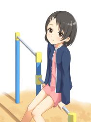Rule 34 | arm support, black hair, blue cardigan, blush, brown eyes, cardigan, commentary, dress, flat chest, hair ornament, hairclip, highres, idolmaster, idolmaster cinderella girls, legs, long sleeves, looking at viewer, outdoors, pink dress, playground, sasaki chie, shin (shincrz), short hair, sitting, smile, solo, thighs