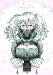Rule 34 | 1girl, absurdres, black hair, blush, breasts, cleavage, gas mask, girls&#039; frontline, highres, large breasts, mask, respirator, sangvis ferri, scarecrow (girls&#039; frontline), solo, sugac, twintails, white background, yellow eyes