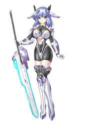Rule 34 | 1girl, absurdres, armor, armored boots, armored leotard, artery gear, artery gear: fusion, bare shoulders, black bodysuit, black gloves, blue eyes, blue hair, bodysuit, bodysuit under clothes, boots, breastplate, breasts, center opening, clothing cutout, covered navel, cowboy shot, elbow gloves, full body, gloves, hair between eyes, hair ornament, highres, holding, holding sword, holding weapon, large breasts, leotard, mecha musume, mechanical ears, navel, nio silen, short hair, simple background, smile, solo, standing, stomach cutout, sword, thighhighs, thighs, weapon, white background, yakkey