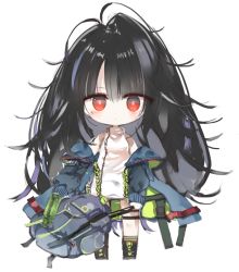 Rule 34 | 1girl, bag, bare shoulders, black footwear, black hair, blue jacket, blush, boots, c-ms (girls&#039; frontline), chibi, closed mouth, commentary request, full body, girls&#039; frontline, hair between eyes, holding, holding bag, jacket, kneehighs, kotatu (akaki01aoki00), long hair, looking at viewer, off shoulder, open clothes, open jacket, red eyes, shirt, simple background, sleeveless, sleeveless shirt, socks, solo, standing, striped clothes, striped socks, very long hair, white background, white shirt