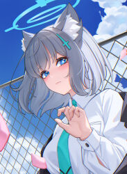 Rule 34 | 1girl, animal ear fluff, animal ears, aqua necktie, blue archive, blue eyes, blue halo, blue sky, chain-link fence, closed mouth, cloud, cloudy sky, collared shirt, cross, cross hair ornament, falling petals, fence, grey hair, hair ornament, halo, highres, inverted cross, looking at viewer, menck5428, mismatched pupils, mixed-language commentary, necktie, petals, pink petals, shiroko (blue archive), shirt, short hair, sky, solo, upper body, white shirt, wolf ears, wolf girl