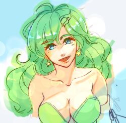 Rule 34 | 1girl, aged up, blue eyes, breasts, cleavage, collarbone, detached sleeves, earrings, final fantasy, final fantasy iv, green hair, hair ornament, jewelry, long hair, looking at viewer, medium breasts, open mouth, rydia (ff4), simple background, smile, solo, star (symbol), star earrings