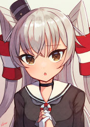 Rule 34 | 1girl, amatsukaze (kancolle), artist name, black dress, blush, brown eyes, dress, gloves, hair between eyes, hair tubes, highres, kantai collection, long hair, long sleeves, looking at viewer, open mouth, sailor collar, sailor dress, signature, silica (silica silylate), single glove, solo, two side up, upper body, white gloves, white hair, white sailor collar, windsock