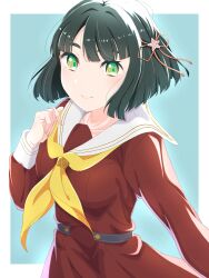 Rule 34 | 1girl, 42shirane, :&gt;, absurdres, blue background, blunt bangs, blunt ends, border, breasts, brown dress, closed mouth, collarbone, commentary, dress, flower, flower knot, green eyes, green hair, hair flower, hair ornament, hasu no sora school uniform, highres, link! like! love live!, long sleeves, looking at viewer, love live!, medium breasts, momose ginko, neckerchief, outside border, pleated dress, sailor collar, sailor dress, school uniform, short hair, simple background, solo, upper body, virtual youtuber, white border, white sailor collar, winter uniform, yellow neckerchief