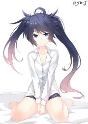Rule 34 | 1girl, ahoge, artist name, asymmetrical hair, barefoot, bed sheet, between legs, black rock shooter, black rock shooter (character), black shorts, blue eyes, blue hair, breasts, cleavage, closed mouth, collarbone, dress shirt, floating hair, full body, gradient hair, hair between eyes, hand between legs, highres, long hair, long sleeves, looking at viewer, multicolored hair, oywj, pink hair, shirt, short shorts, shorts, simple background, sitting, small breasts, smile, solo, swept bangs, twintails, very long hair, wariza, white background, white shirt