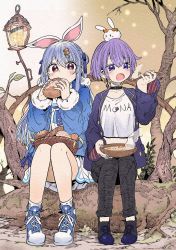 Rule 34 | 2girls, animal ears, area 15, blue hair, blush, bread, carrot hair ornament, clothes writing, commentary request, earrings, eating, food, food-themed hair ornament, hair between eyes, hair ornament, highres, holding, holding food, holding spoon, hololive, hololive fantasy, hololive indonesia, jewelry, lantern, log, long sleeves, moona hoshinova, moona hoshinova (3rd costume), moona hoshinova (casual), multiple girls, on head, open mouth, pekomon (usada pekora), pinky out, purple eyes, purple hair, rabbit ears, red eyes, short hair, sitting, soup, spoon, steam, tree, usada pekora, usada pekora (casual), virtual youtuber, yurai0739