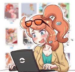 Rule 34 | 1girl, absurdres, blush, censored, coat, computer, creatures (company), double exposure, embarrassed, eyewear on head, flustered, game freak, highres, laptop, long hair, meta, mosaic censoring, nintendo, open mouth, pae (ac40935 m41), poke ball symbol, pokemon, pokemon swsh, solo, sonia (pokemon), sunglasses, sunglasses on head, trench coat, viewing pornography