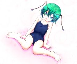 Rule 34 | 1girl, alternate costume, antennae, barefoot, blue one-piece swimsuit, commentary request, dutch angle, flat chest, full body, green eyes, green hair, hair between eyes, looking at viewer, mofupaka, one-piece swimsuit, open mouth, school swimsuit, short hair, sitting, smile, solo, swimsuit, touhou, wariza, wriggle day, wriggle nightbug