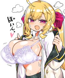 Rule 34 | 1girl, :d, ahoge, blonde hair, blush, bouncing breasts, bra, breasts, commentary request, hair ribbon, jacket, kanikama, large breasts, long hair, looking at viewer, navel, nijisanji, open clothes, open jacket, open mouth, open shirt, pink eyes, red ribbon, ribbon, shirt, simple background, smile, solo, sweat, takamiya rion, takamiya rion (1st costume), underwear, virtual youtuber, white background, white bra, white jacket, white shirt