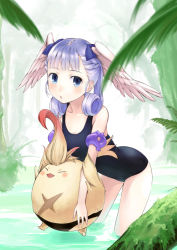 Rule 34 | 1girl, bare shoulders, blue eyes, blue hair, blush, bow, curly hair, hair bow, head wings, leaning forward, long hair, matching hair/eyes, melia antiqua, nintendo, one-piece swimsuit, riki (xenoblade), scar, school swimsuit, solo, swimsuit, u (the unko), wading, water, wings, xenoblade chronicles (series), xenoblade chronicles 1